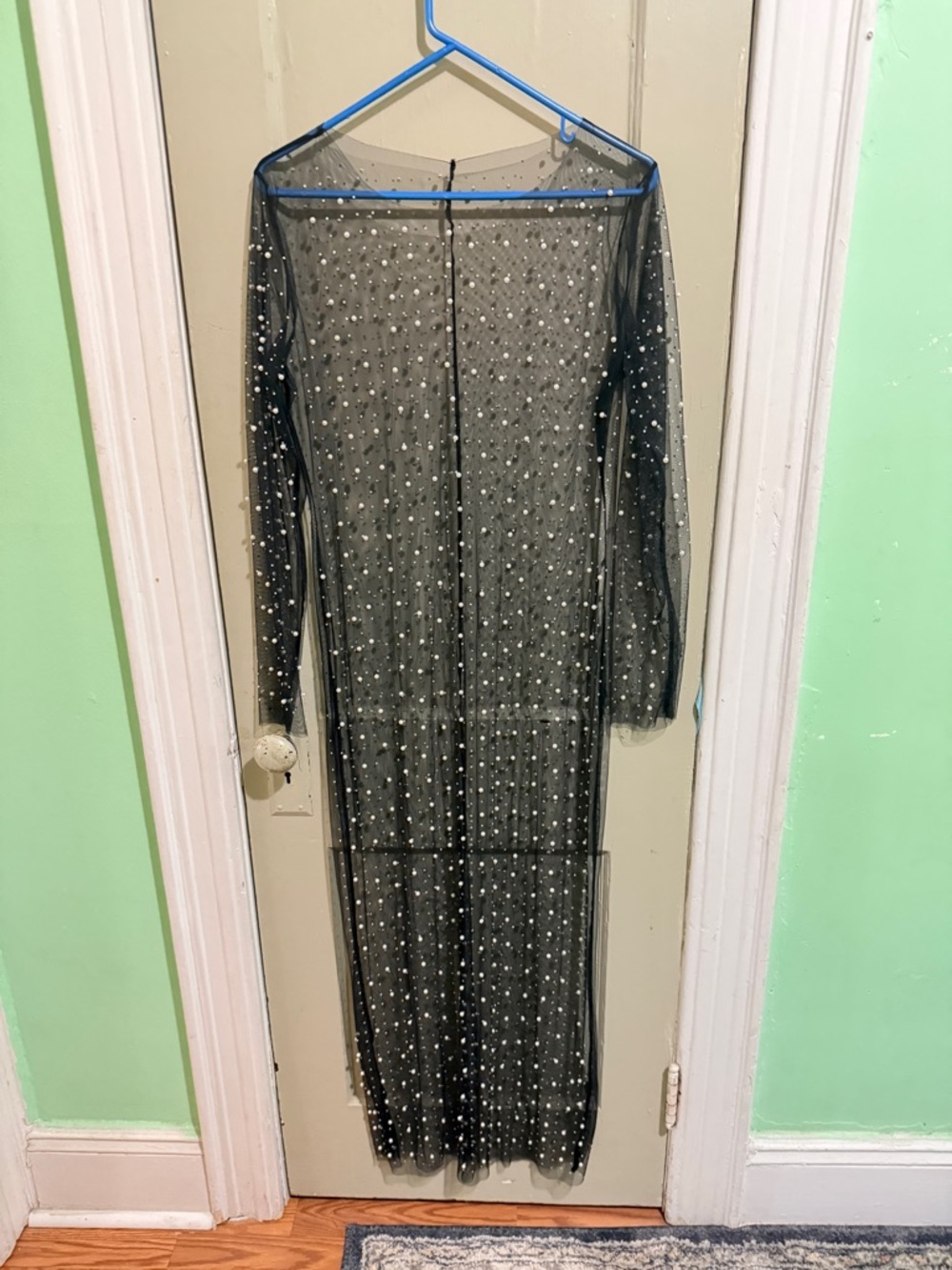 Stance Black Sheer Mesh Maxi Dress with Pearl and diamond Embellishments